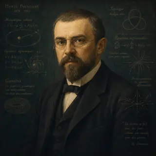 Стилизованный портрет: Анри Пуанкаре. Фон и детали отсылают к области «математика, небесная механика, динамические системы» и к формулам, связанным с его научной традицией.